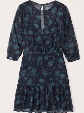 Abercrombie & Fitch Navy Floral Mini Dress XS Sheer Long Sleeve